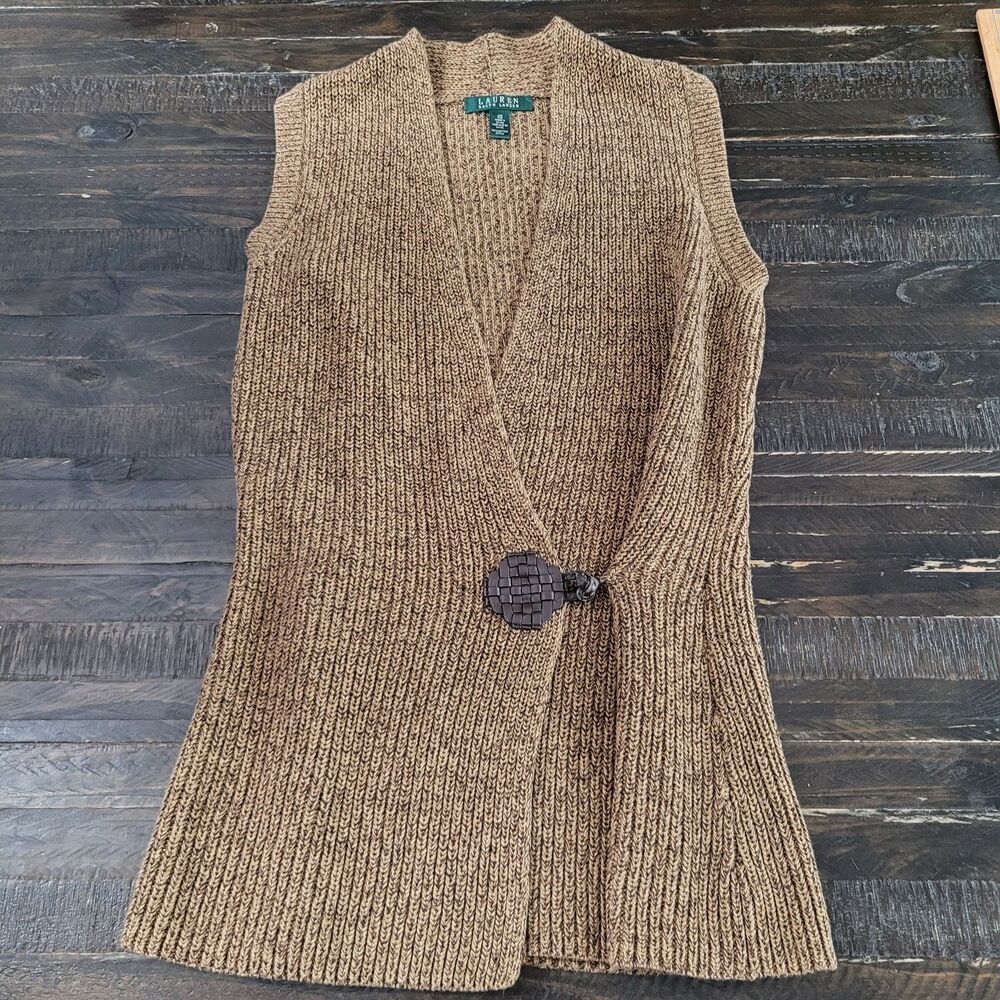 Lauren Ralph Lauren Sleeveless Cardigan Sweater Brown Heavy Knit Frog Button XS